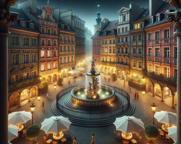 Charming illuminated plaza with central fountain and dining