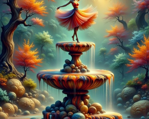 Ethereal Dancer on Fountain Amidst Autumn Foliage