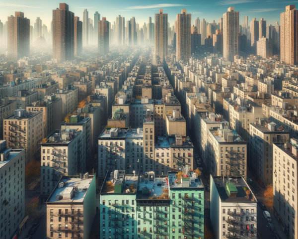 Urban Landscape with Skyscrapers and Foggy Horizon