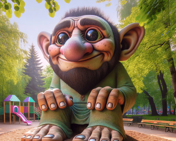 Oversized Troll Sculpture in Sunlit Park Setting