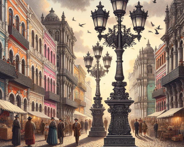 19th-Century Street Scene with Vendors and Lampposts
