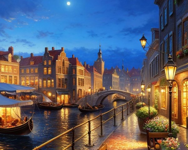 Serene Canal Scene with Brick Buildings at Dusk