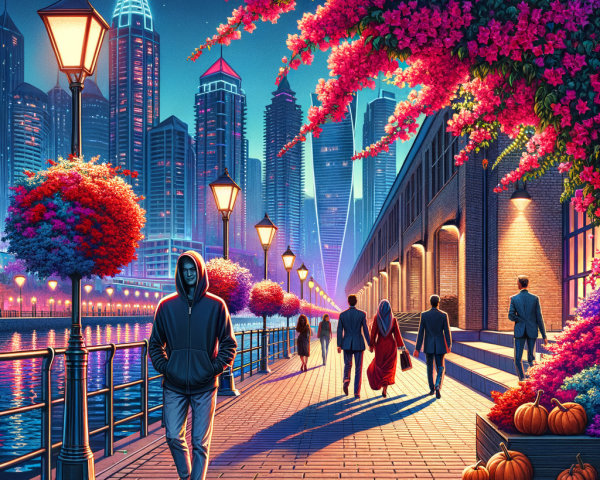 Vibrant Cityscape at Dusk with Waterfront Promenade