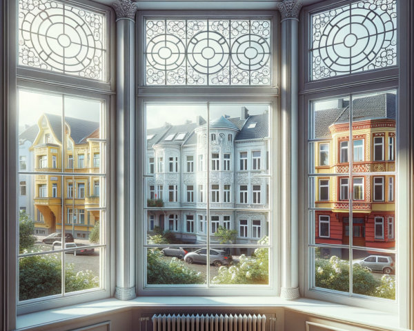 Sunlit Room with Ornate Windows and Colorful Views