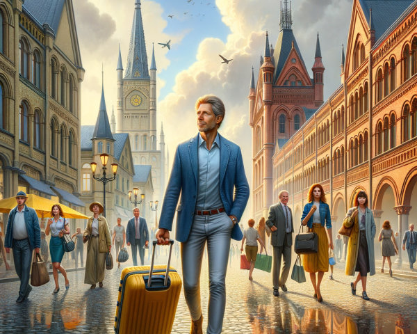 Modern Traveler on Picturesque European Street