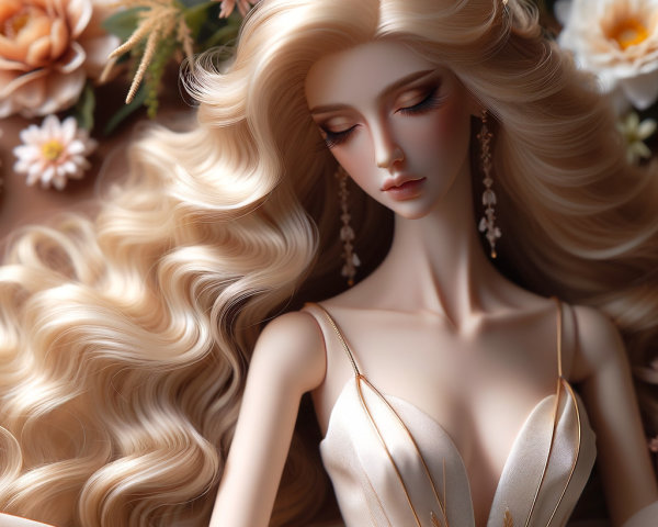Elegant Doll with Blonde Hair and Floral Backdrop