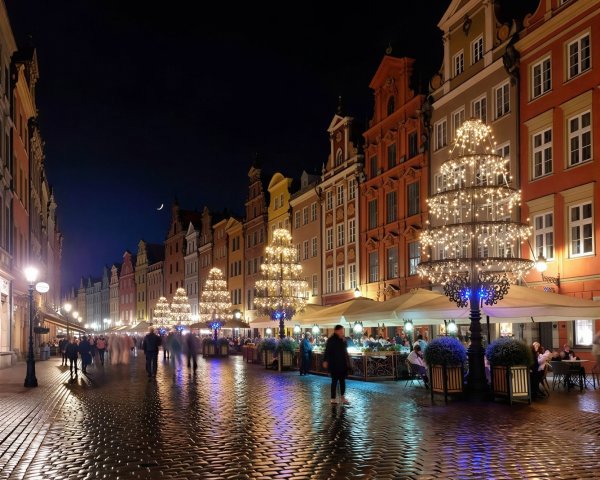 Nighttime Scene of Cobblestone Street in Europe
