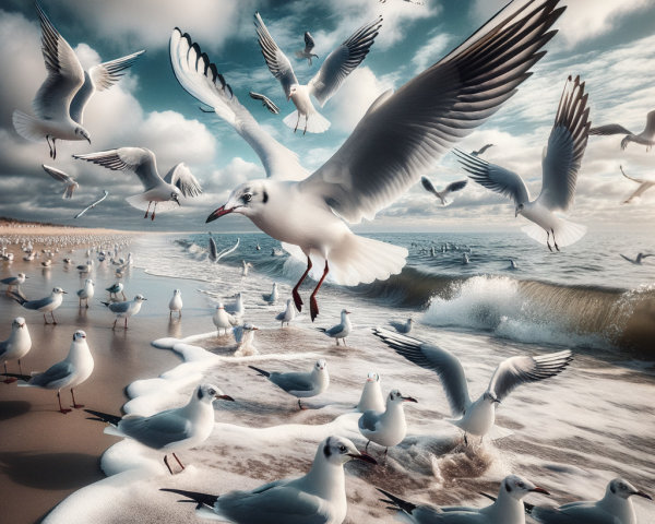 Dynamic Beach Scene with Seagulls and Gentle Waves