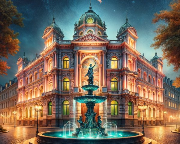 Illuminated Grand Building with Fountain at Night