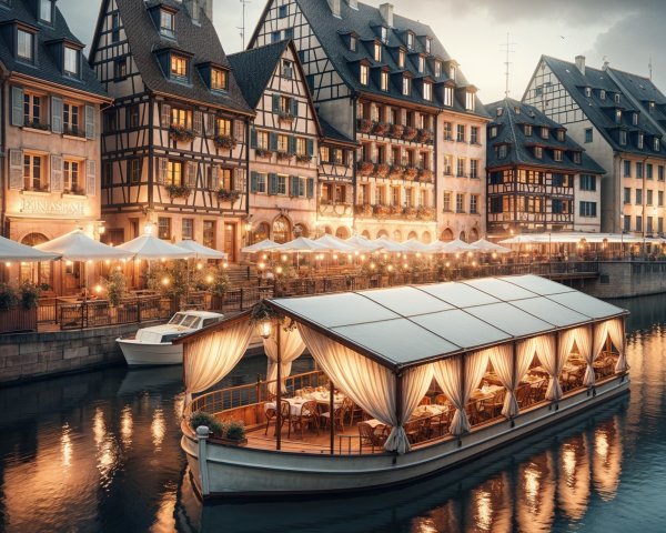 Picturesque Riverside Scene with Illuminated Boat Restaurant