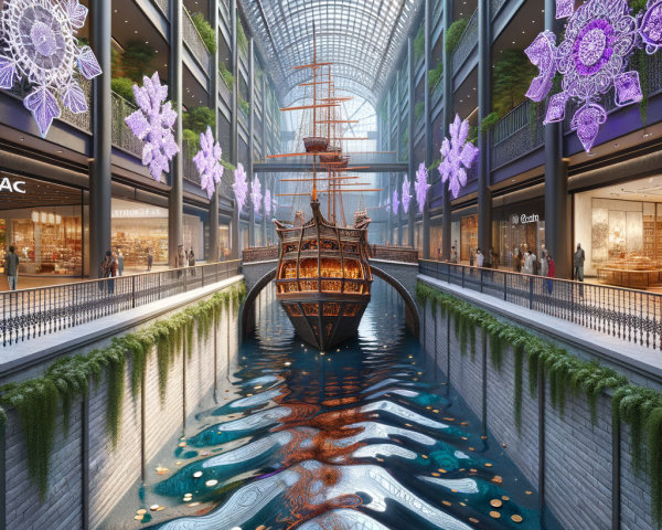 Indoor Shopping Center with Ornate Wooden Ship and Canal