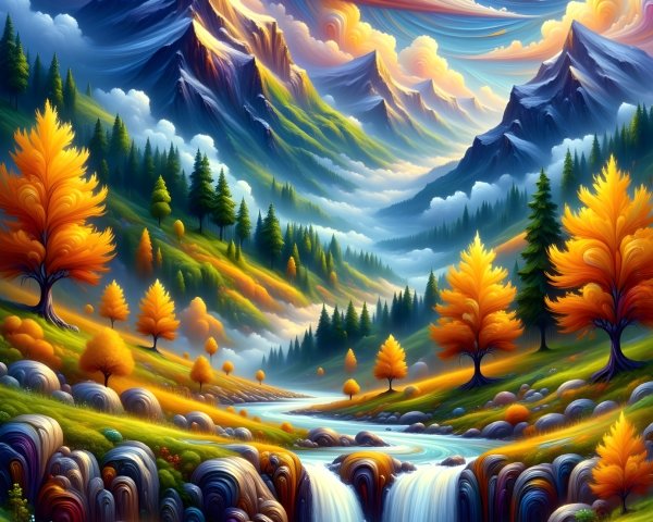 Vibrant Landscape with Surreal Mountains and River