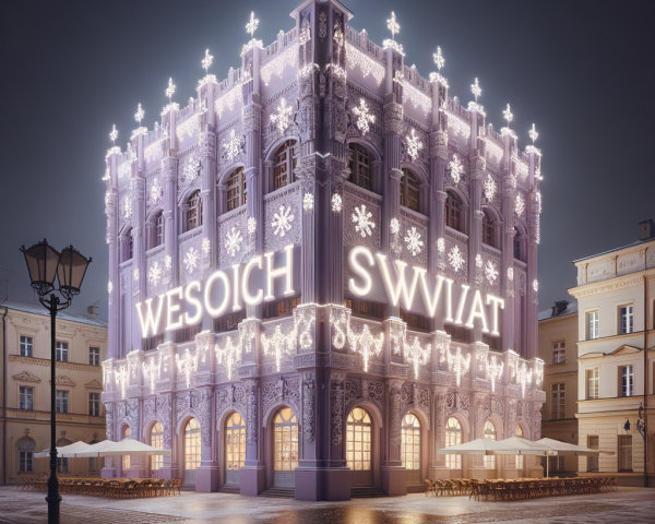 Grand building with holiday lights in town square