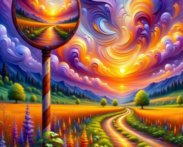 Vibrant Landscape with Winding Road and Sunset Sky
