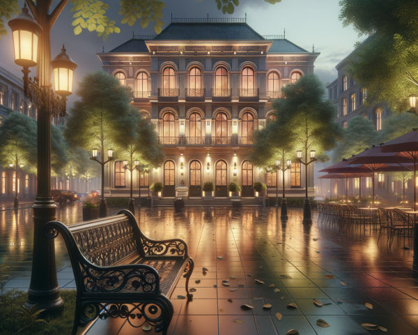 Illuminated building in a cozy autumn plaza setting