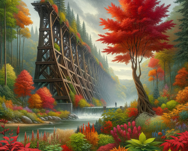 Autumn Landscape with Wooden Trestle Bridge and Foliage