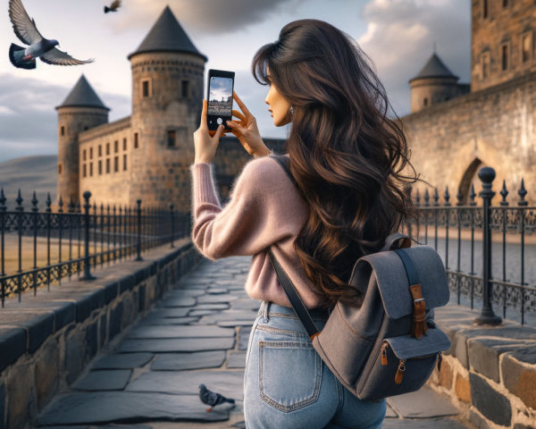 Young woman on cobblestone path with castle backdrop