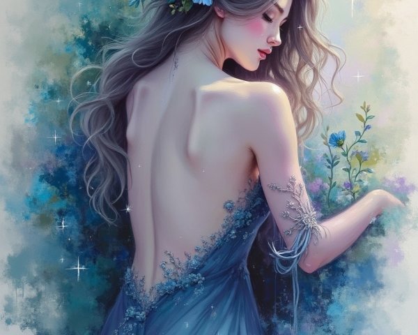 Ethereal Woman in Floral Crown and Soft Blue Gown