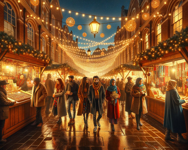 Vibrant Nighttime Festive Market Scene with Lights