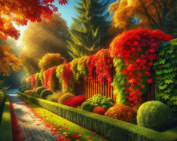 Picturesque Garden Path with Autumn Foliage and Sunlight
