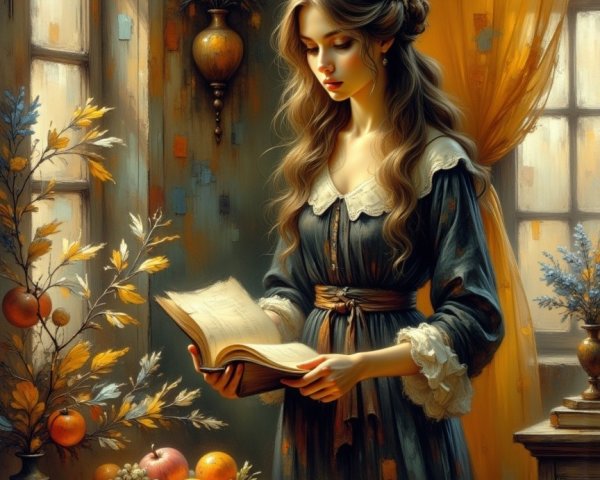 Young Woman in Vintage Dress Reading in Autumn Room