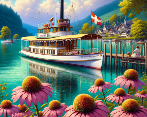 Paddle Steamer on Serene Lake with Mountain Backdrop