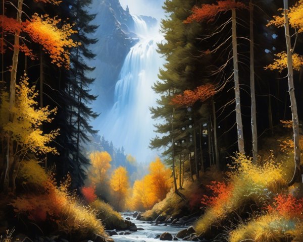 Majestic Waterfall Amidst Autumn Foliage Landscape