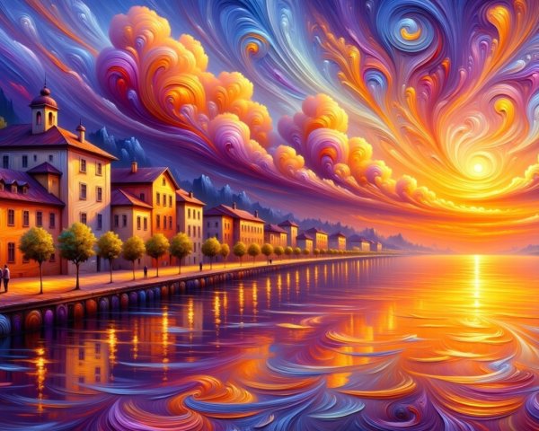 Vibrant Sunset Over Serene Lakeside Village Scene