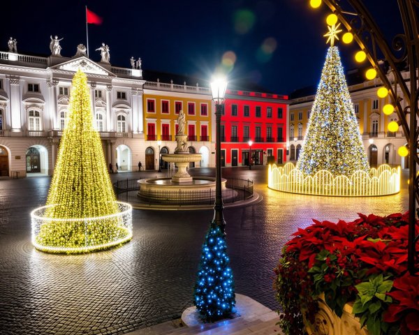Christmas Decorated European Town Square at Night