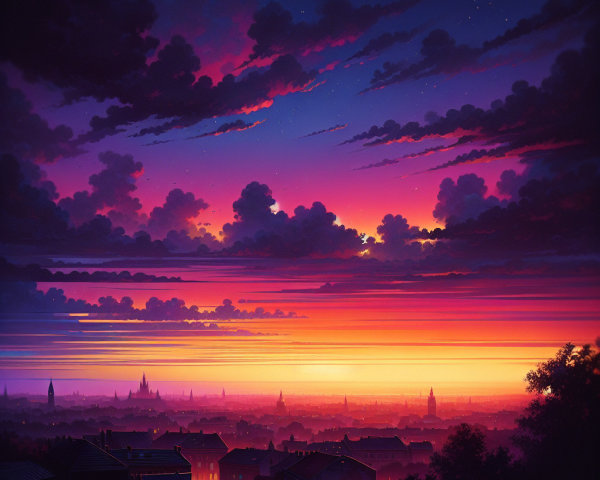 Vibrant Sunset Over Cityscape with Silhouetted Roofs