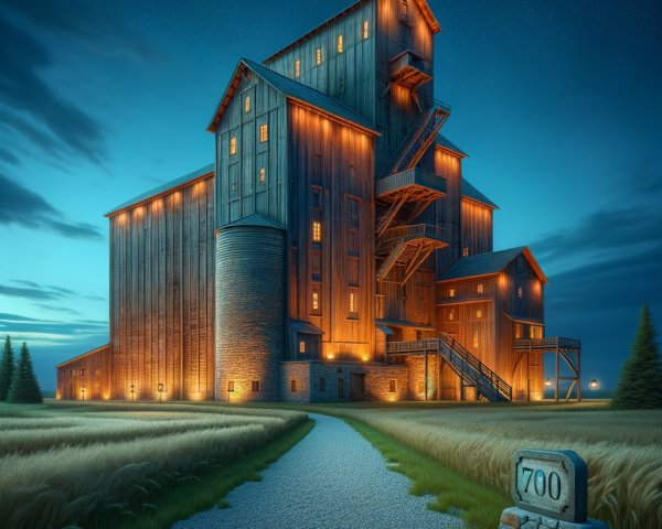 Multi-level wooden building at twilight with lights