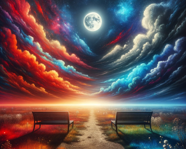 Surreal Landscape with Benches Under a Full Moon