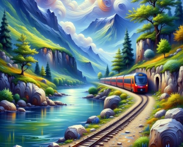 Vibrant Train on Winding Track by Serene River