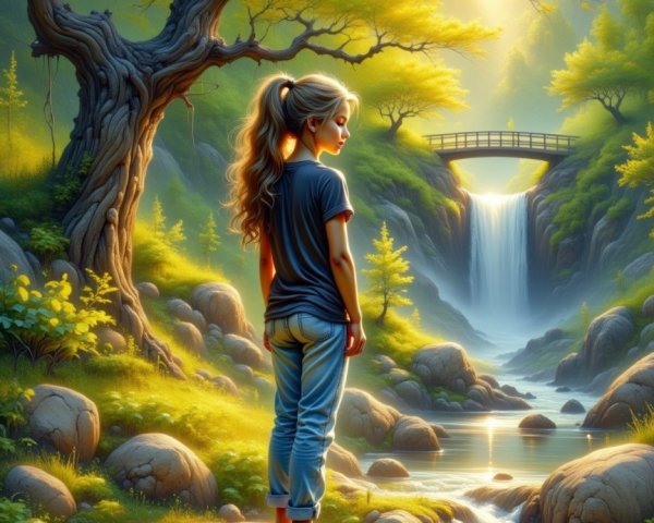 Young Girl by Waterfall in Lush Green Landscape