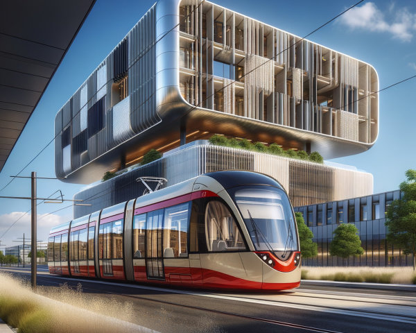 Modern Tram Next to Futuristic Building Design