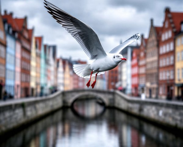 White Seagull Flying Over Bruges Canal and Buildings