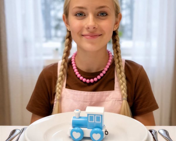Portrait of a girl with braids at a dining table