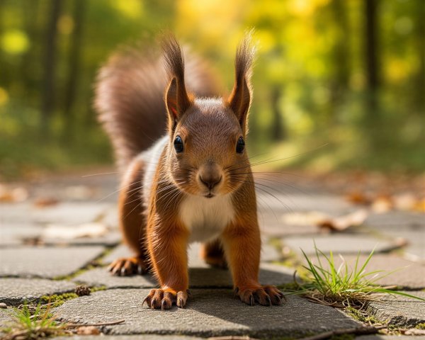 Red Squirrel on Cobblestone Path in Sunny Park