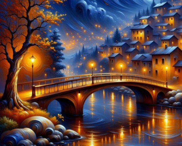 Serene landscape with vibrant bridge over shimmering river