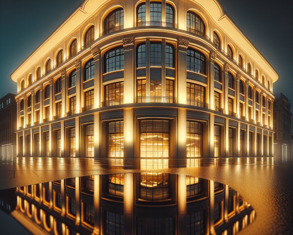 Illuminated Building with Rounded Facade at Twilight