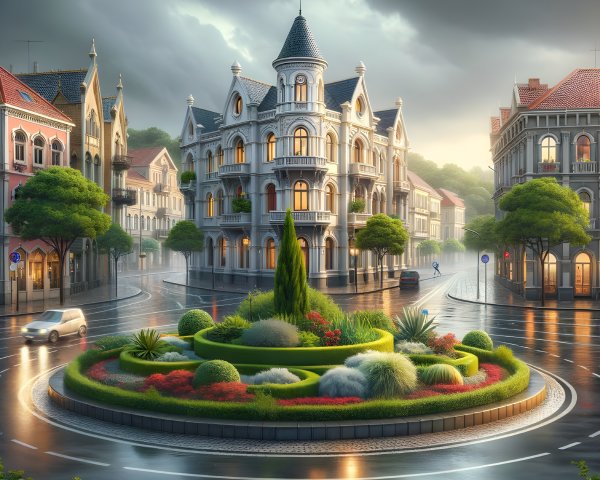 Picturesque City Square with Elegant Building and Garden
