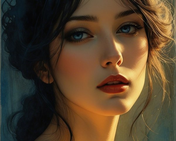 Young woman with blue eyes and dark hair in soft light