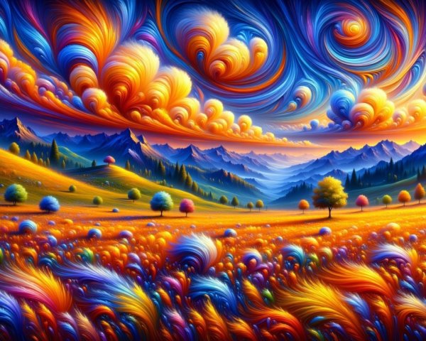 Vibrant Landscape with Colorful Swirling Clouds
