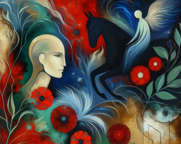 Surreal Artwork with Faceless Figure and Majestic Horse