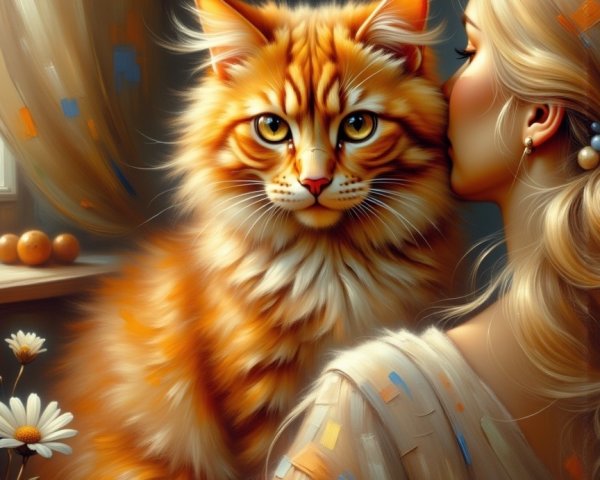 Cozy scene of a woman and a fluffy ginger cat