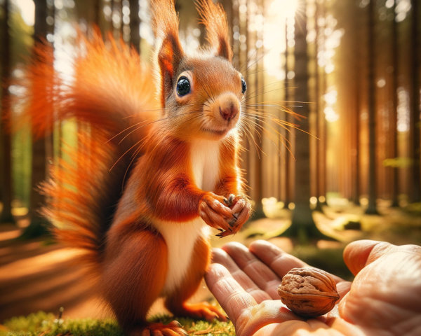 Curious Squirrel in Sunlit Forest with Walnut