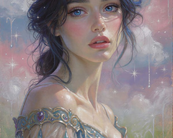 Portrait of a Young Woman in Ornate Blue Dress