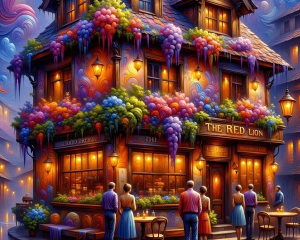 Whimsical Pub Surrounded by Colorful Clouds and Ivy