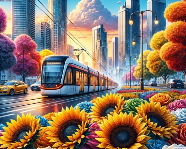 Vibrant City Scene with Tram and Colorful Flowers