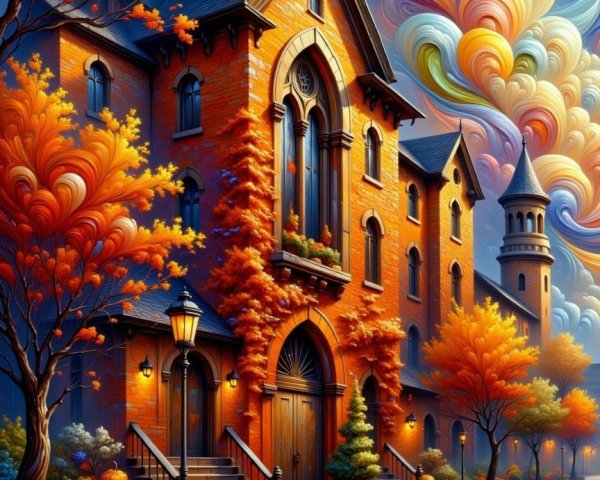 Vibrant Autumn Scene with Grand Brick Building
